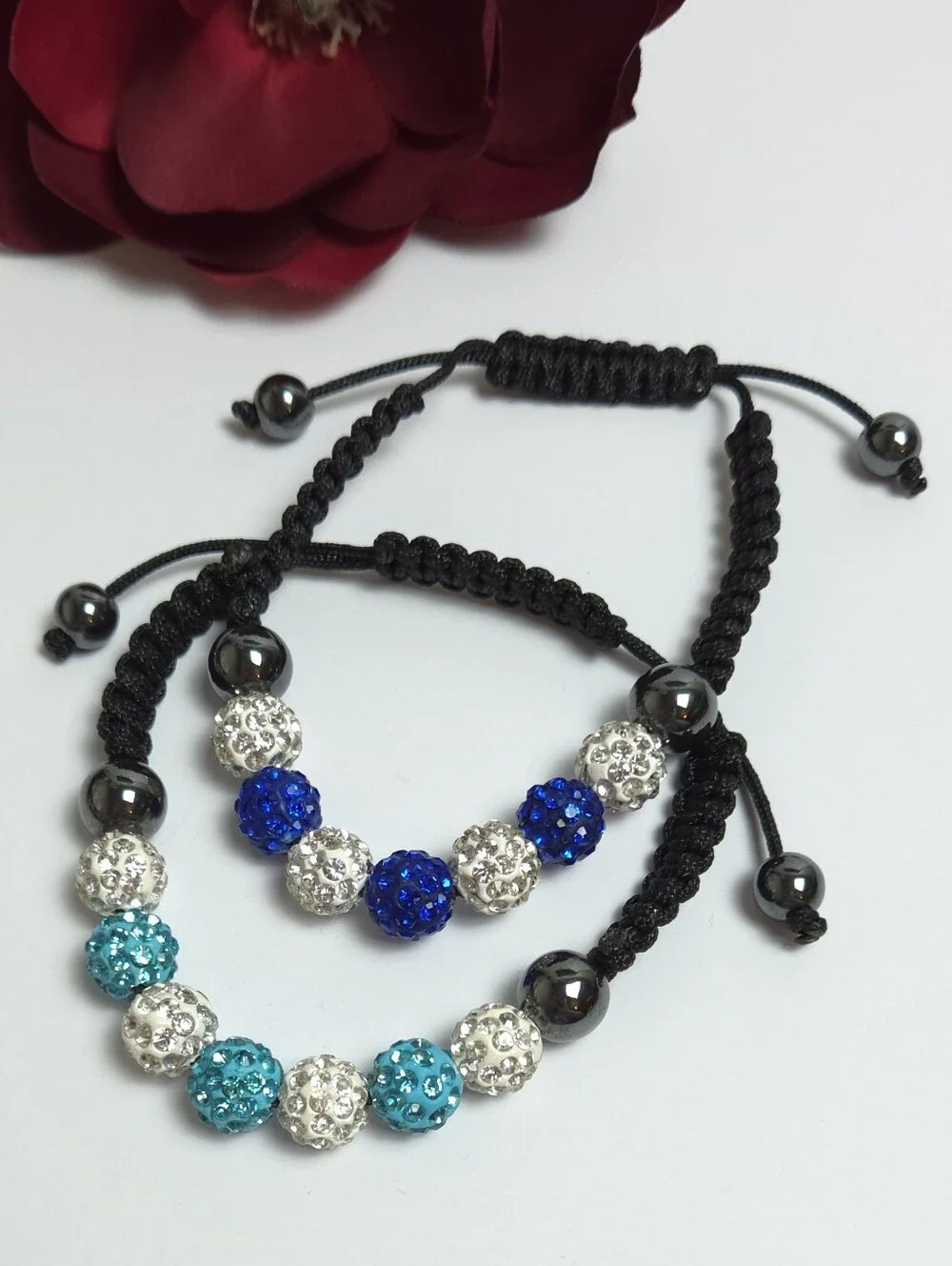 2 Handmade Shamballa Crystal Beaded Macrame Bracelets Light & Dark Blue